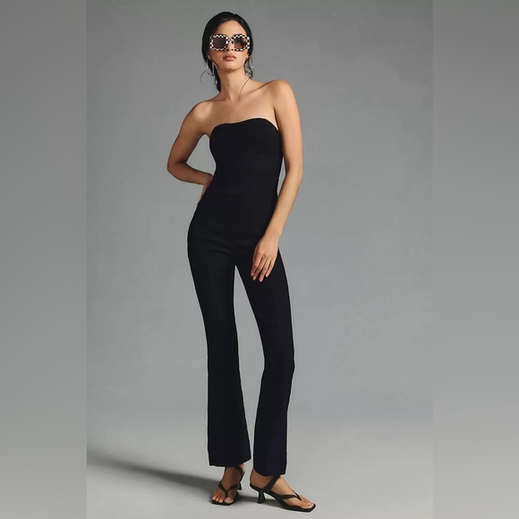 ANTHROPOLOGIE Maeve Strapless Slim Flare Jumpsuit NEW Size 10 Black Magic Fabric - Picture 14 of 14